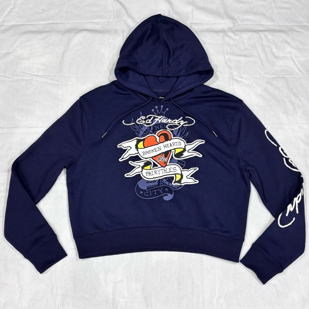 Ed Hardy Cropped Hoodie Sweatshirt Women's Junior's Large Navy Y2K